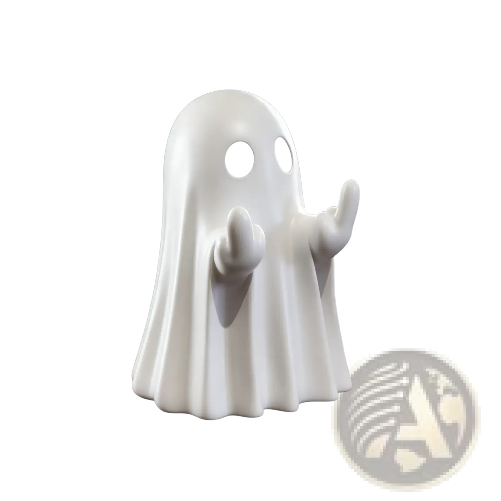 A smooth glossy white ceramic funny ghost coffee table statue with black circular eyes and raised hands