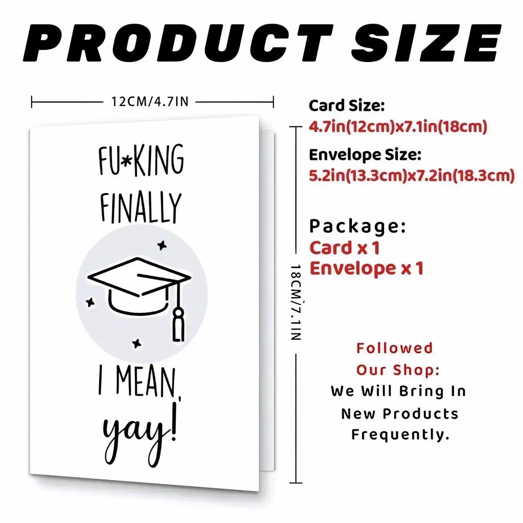 White graduation-themed greeting card with black ink mortarboard illustration and playful text for him and her