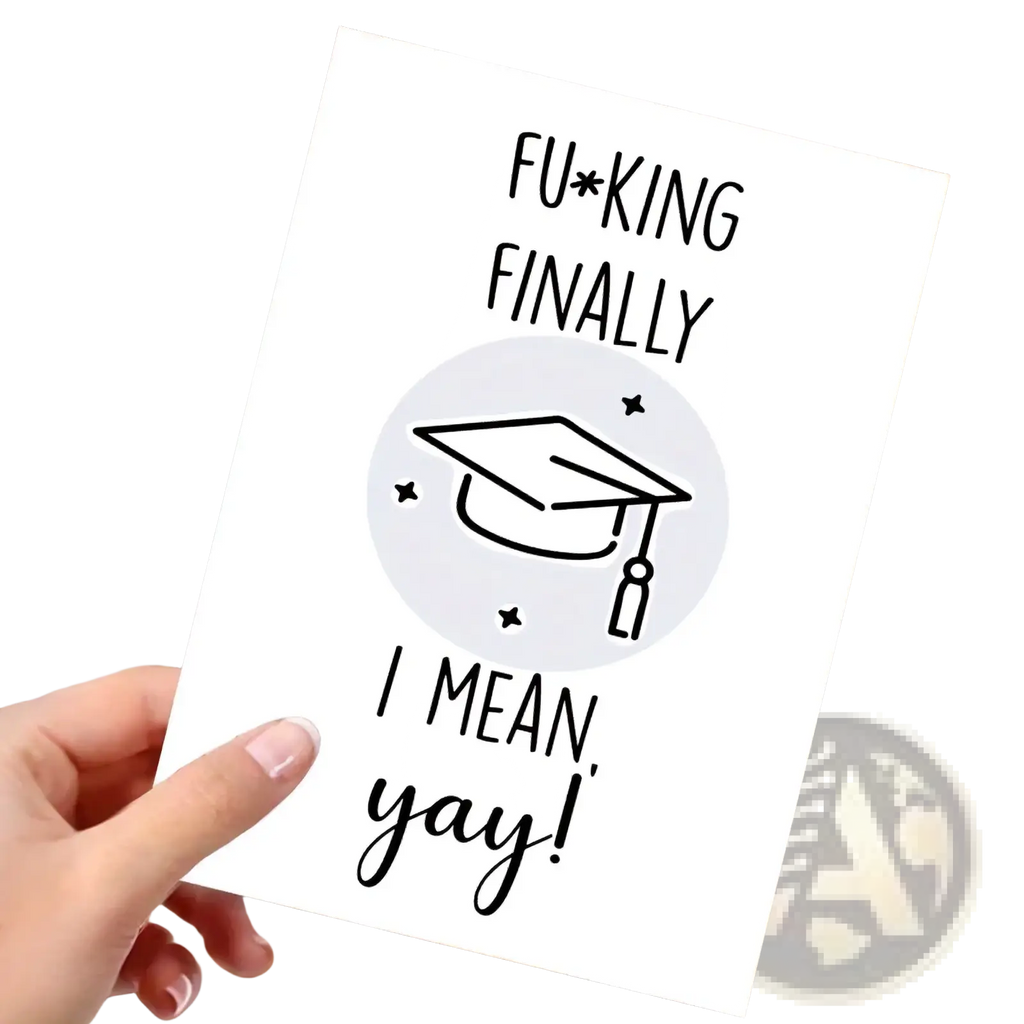 White graduation greeting card for him and her with black text and minimalist cap line drawing in the center