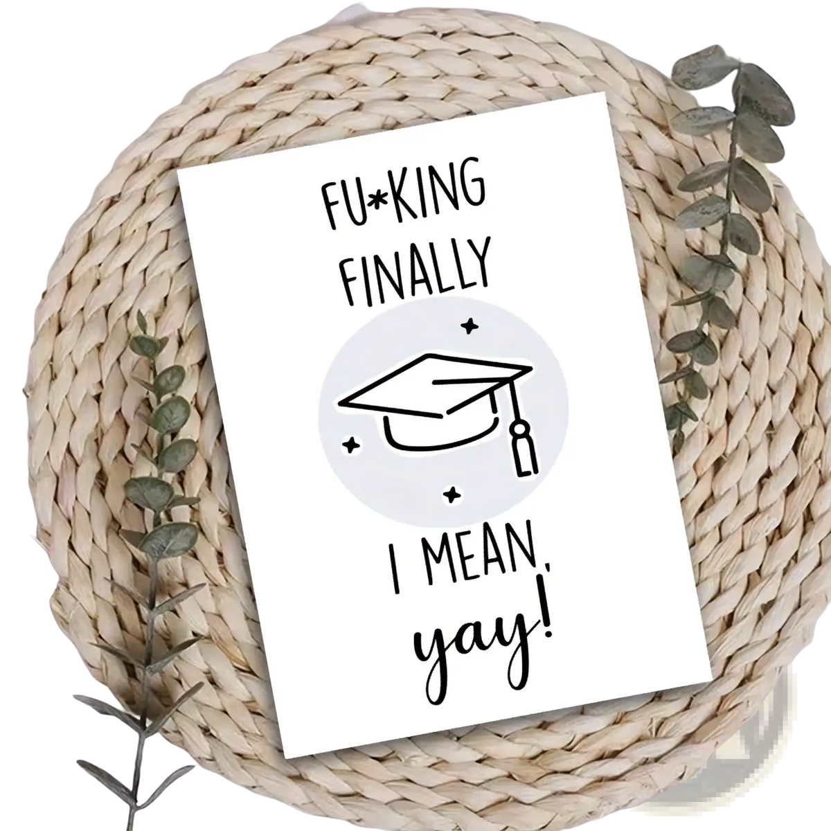 Funny graduation card for him and her featuring a white design with black text and a minimalist cap drawing in a gray circle