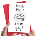 White greeting card with black text and gray graduation cap illustration held against a red envelope for graduation