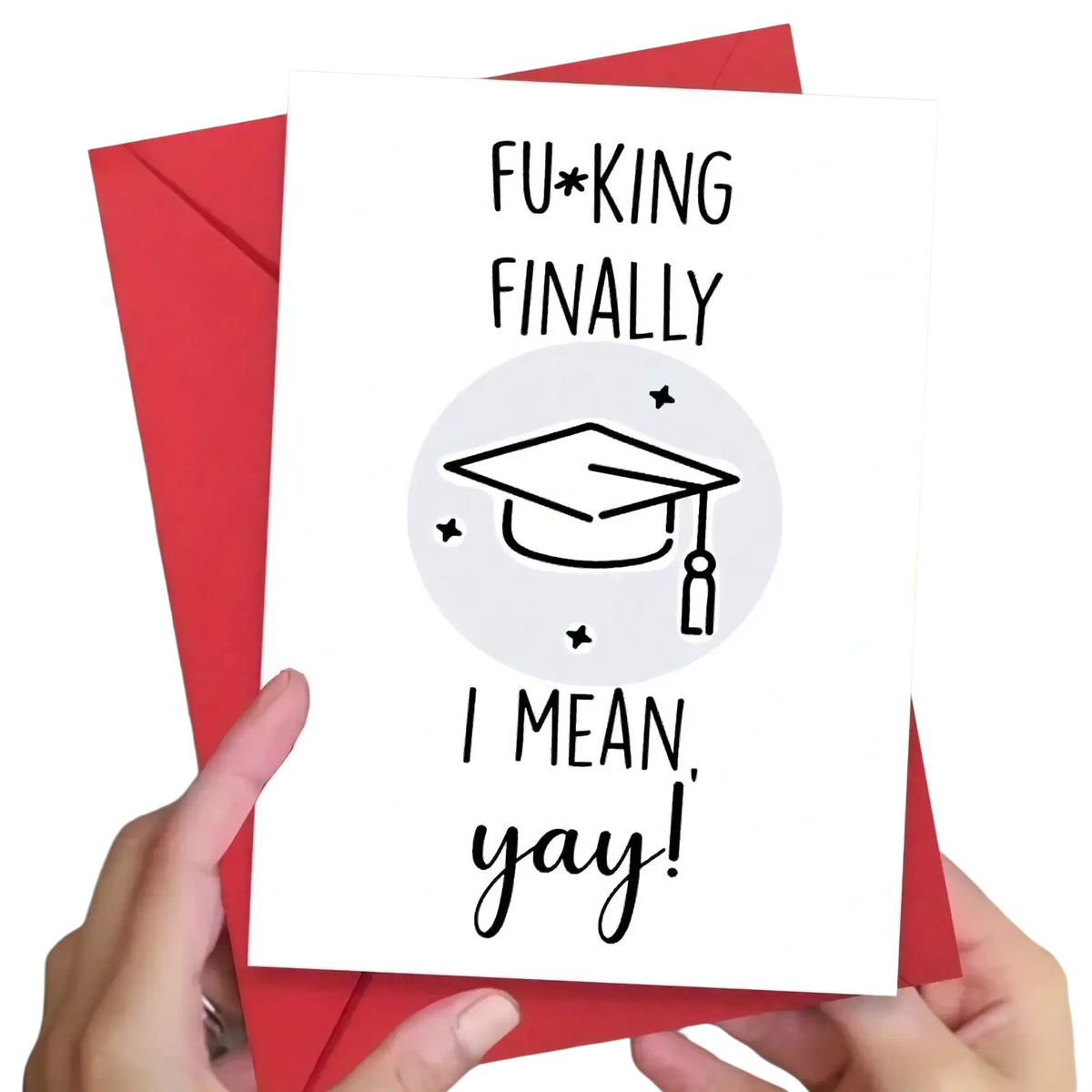 White greeting card with black text and gray graduation cap illustration held against a red envelope for graduation