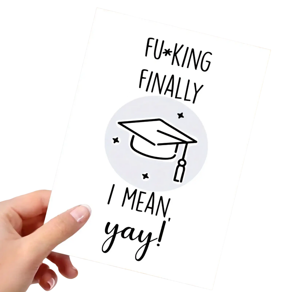 White graduation greeting card for him and her with black text and minimalist cap line drawing in the center