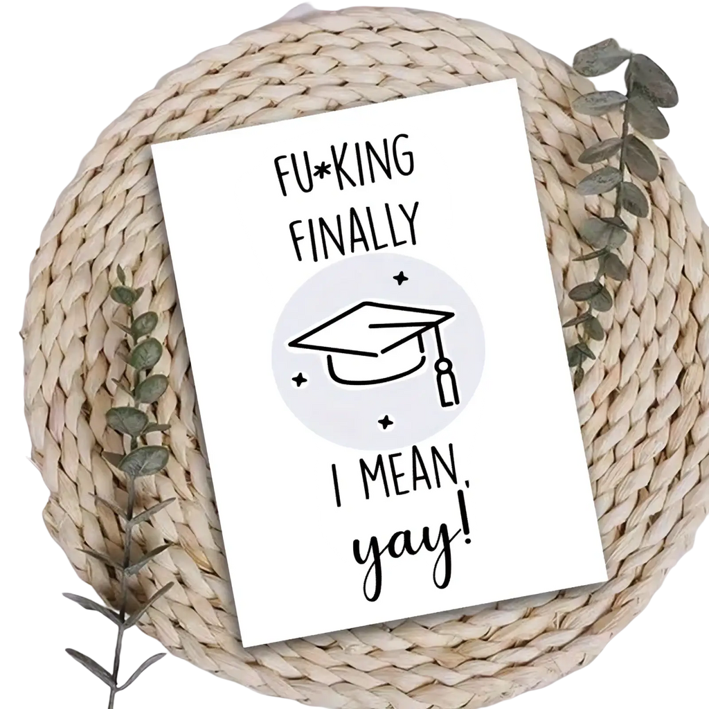 Funny graduation card for him and her featuring a white design with black text and a minimalist cap drawing in a gray circle