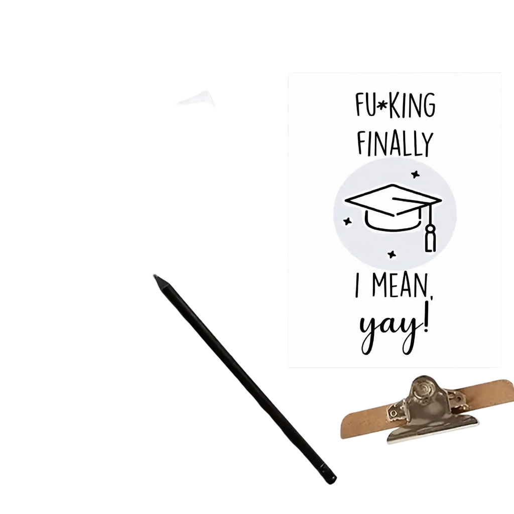 White funny graduation card for him and her featuring black text and a minimalist mortarboard illustration