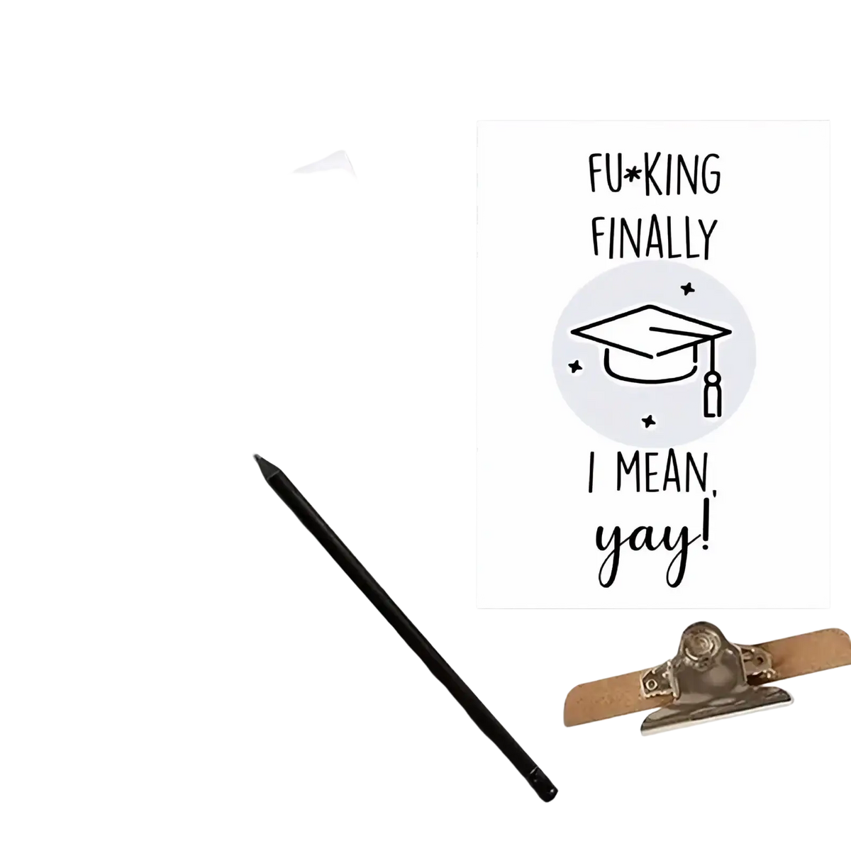 White funny graduation card for him and her featuring black text and a minimalist mortarboard illustration