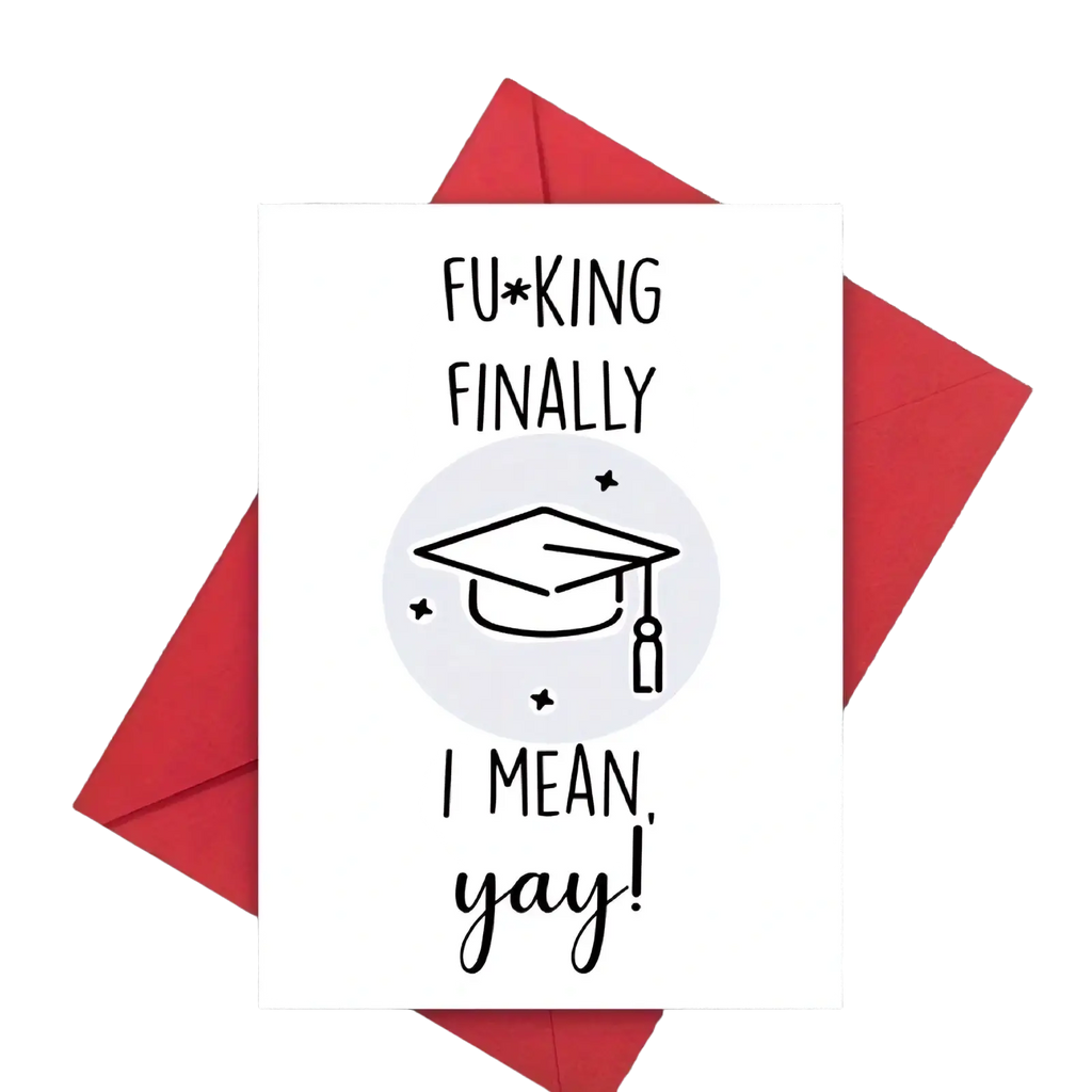 White funny graduation card with black text and mortarboard graphic in red envelope beside a tulip for him and her