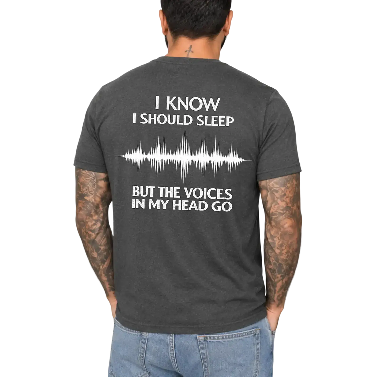 Dark gray short-sleeved t-shirt with white text and sound wave graphic on back featuring dark humor sleep design