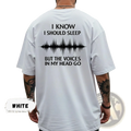 White cotton t-shirt back view featuring black text and soundwave graphic for funny insomnia dark humor sleep tee