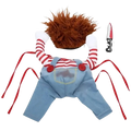 A plush funny killer doll dog costume from mainland china with spiky brown wig striped sleeves and denim overalls