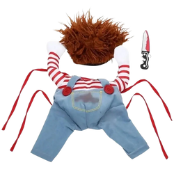 A plush funny killer doll dog costume from mainland china with spiky brown wig striped sleeves and denim overalls