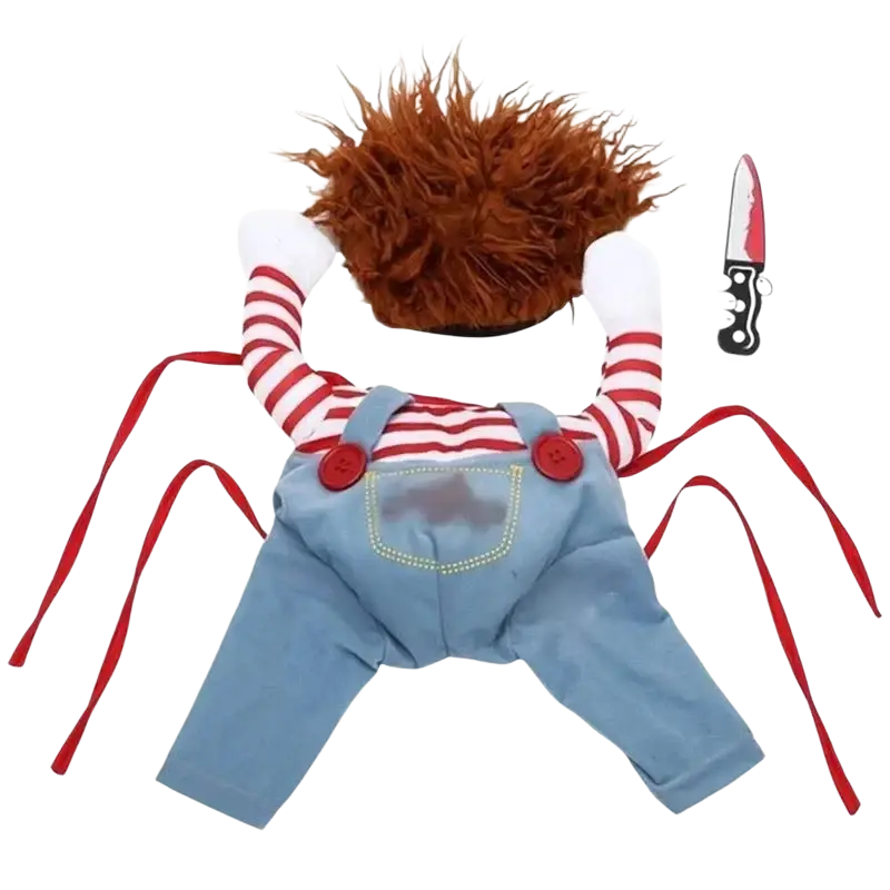A plush funny killer doll dog costume from mainland china with spiky brown wig striped sleeves and denim overalls