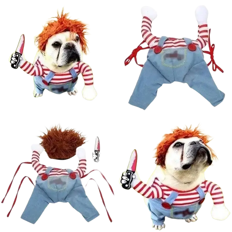 Funny killer doll dog costume from mainland china with red white striped shirt blue denim overalls and attached limbs
