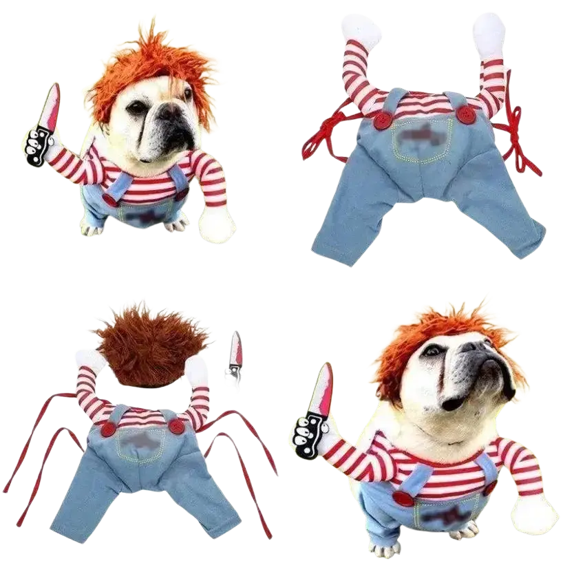 Funny killer doll dog costume with wig and knife featuring red and white striped shirt and blue denim overalls