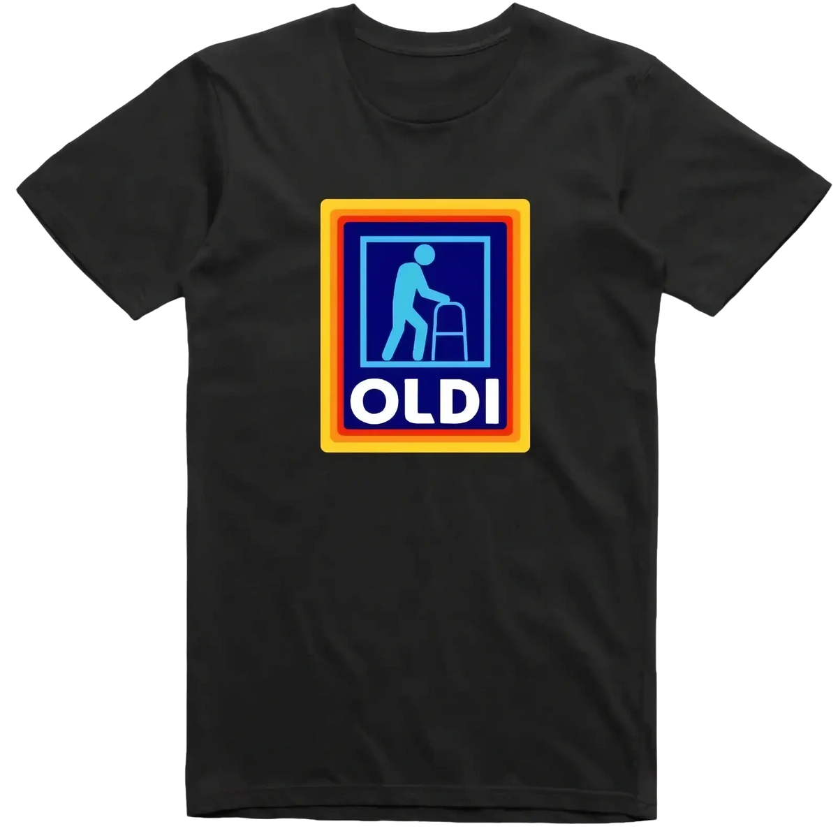 Black cotton t shirt featuring a colorful aldi logo graphic with blue silhouette of person using a walker