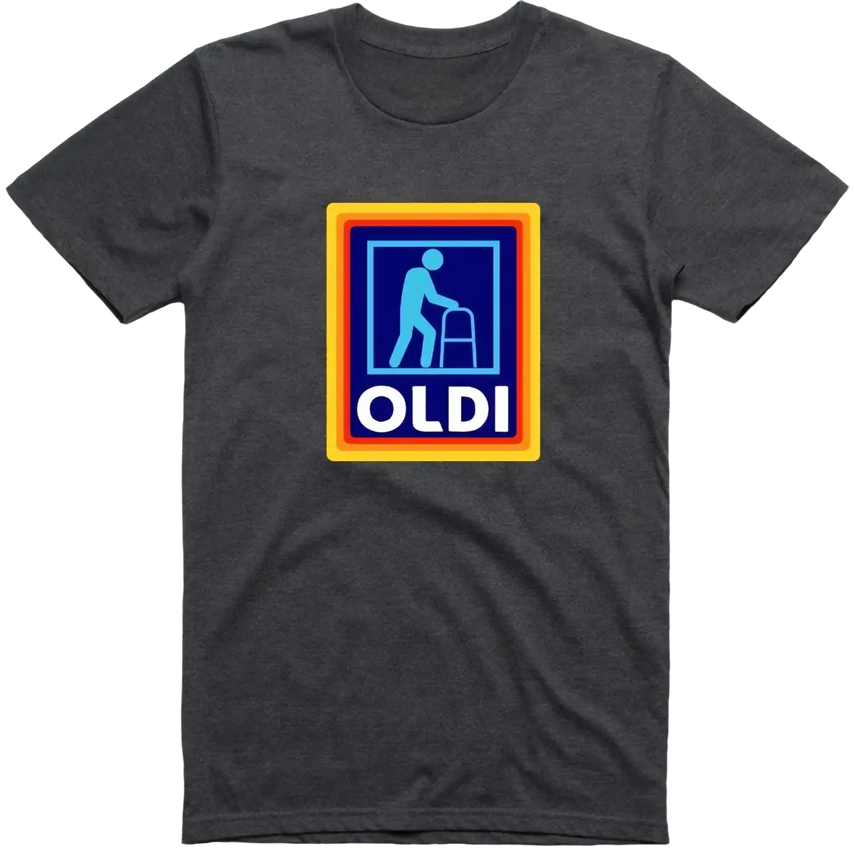 Dark heather gray t-shirt with colorful stylized oldi logo and blue walker silhouette in multi-layered border