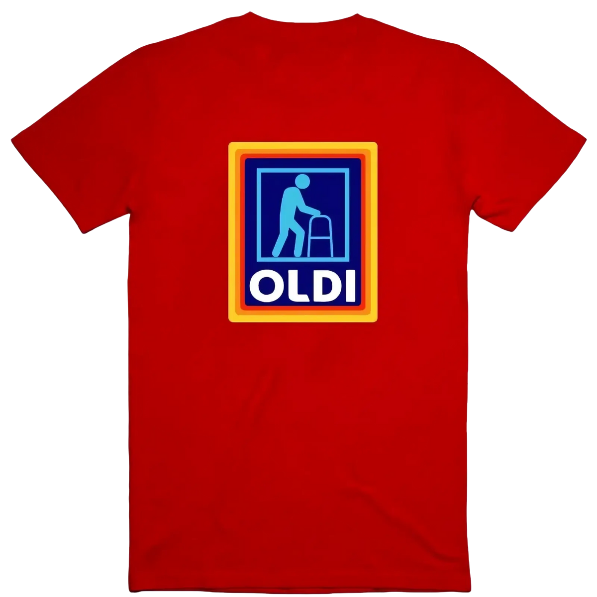 Red short-sleeved t-shirt featuring a bold oldi logo with blue walker graphic in a framed design for casual wear