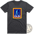 Dark heather gray t-shirt with colorful stylized oldi logo and blue walker silhouette in multi-layered border