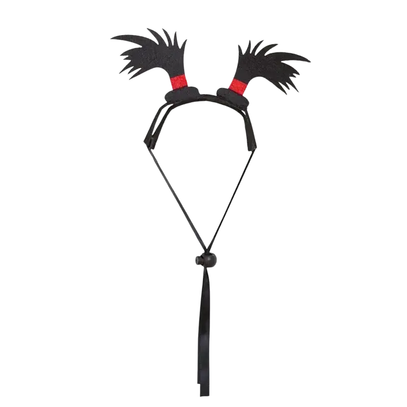 Black felt antler headband with red accents and black ribbon tie for funny pet costume headwear for cats and dogs