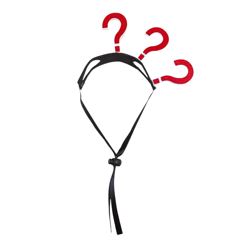 Black headband decorated with three red question marks designed as funny pet costume headwear for cats and dogs