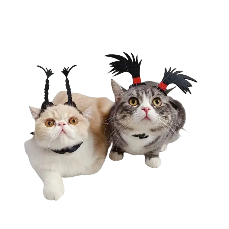 Black horn headbands with red accents worn by two cats in a funny pet costume headwear for cats and dogs