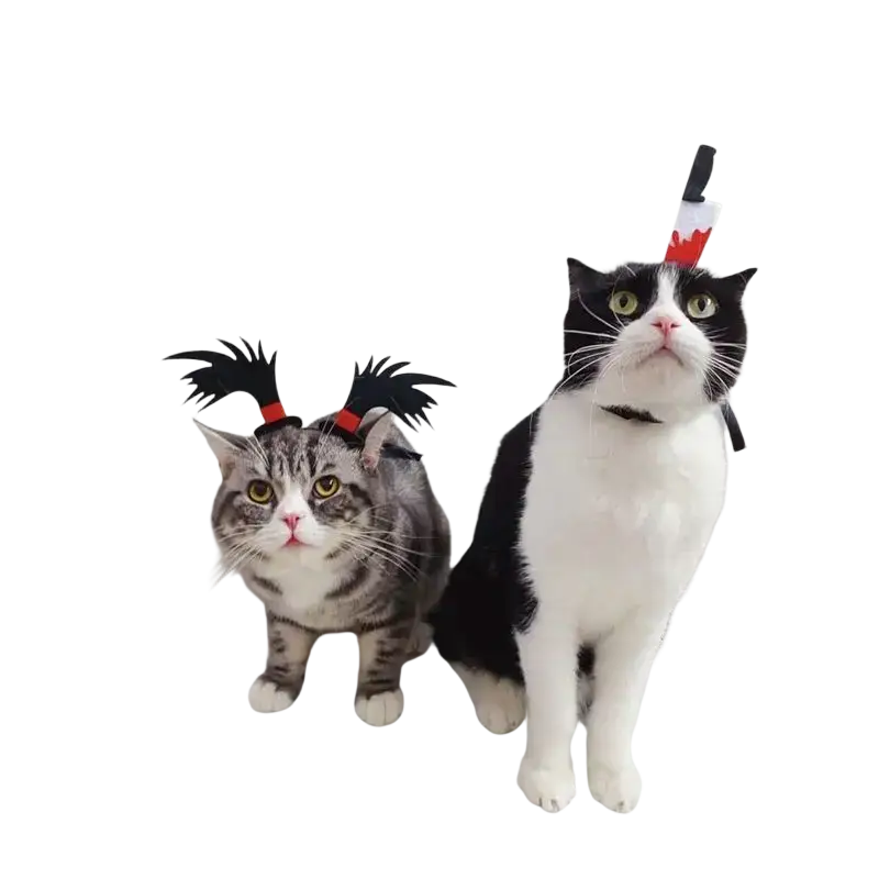Black and white cat wearing a red and black knife headpiece funny pet costume headwear for cats and dogs