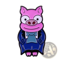 Funny pig groom bride enamel pin featuring a pink cartoon pig dressed in a blue tuxedo with a light blue bow tie