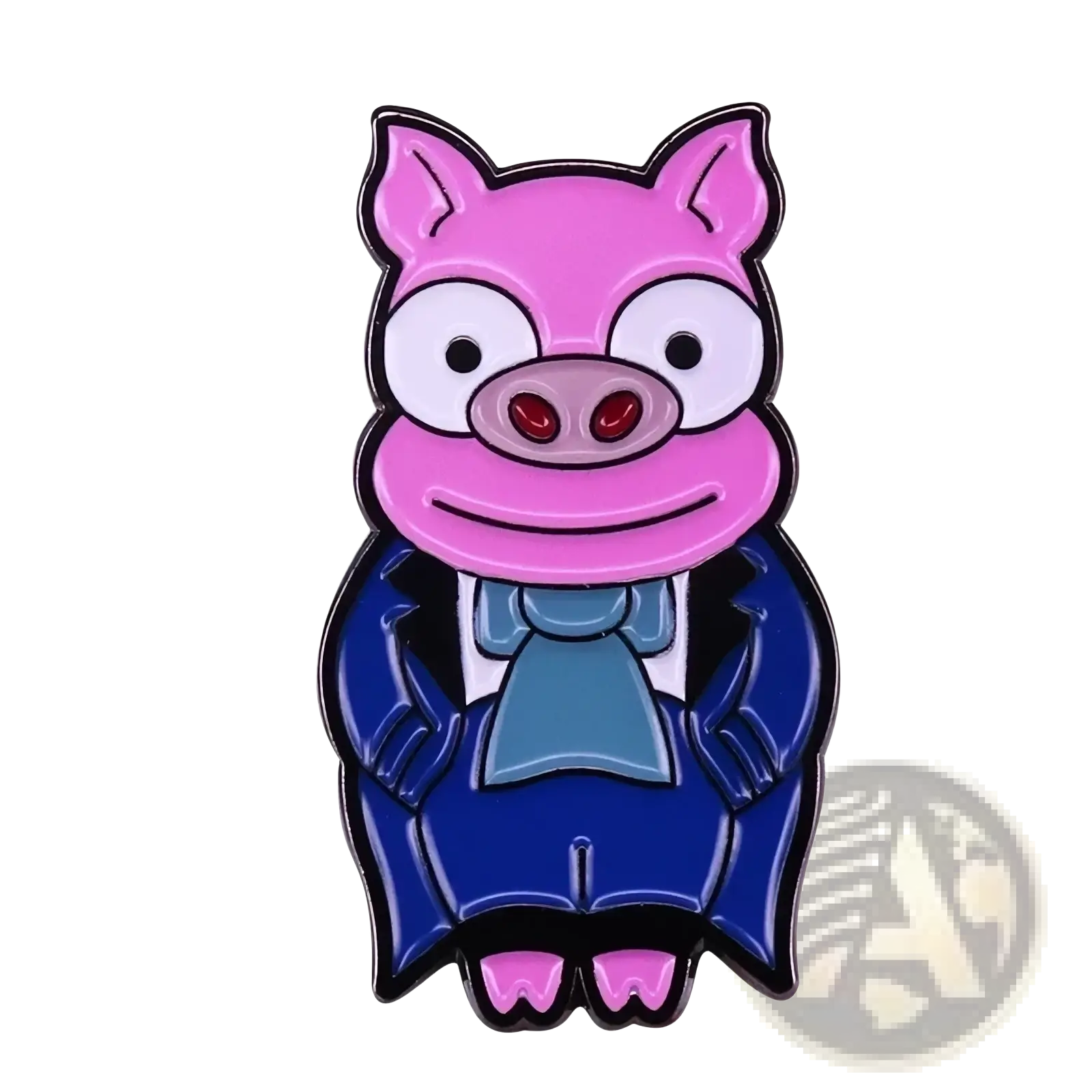 Funny pig groom bride enamel pin featuring a pink cartoon pig dressed in a blue tuxedo with a light blue bow tie