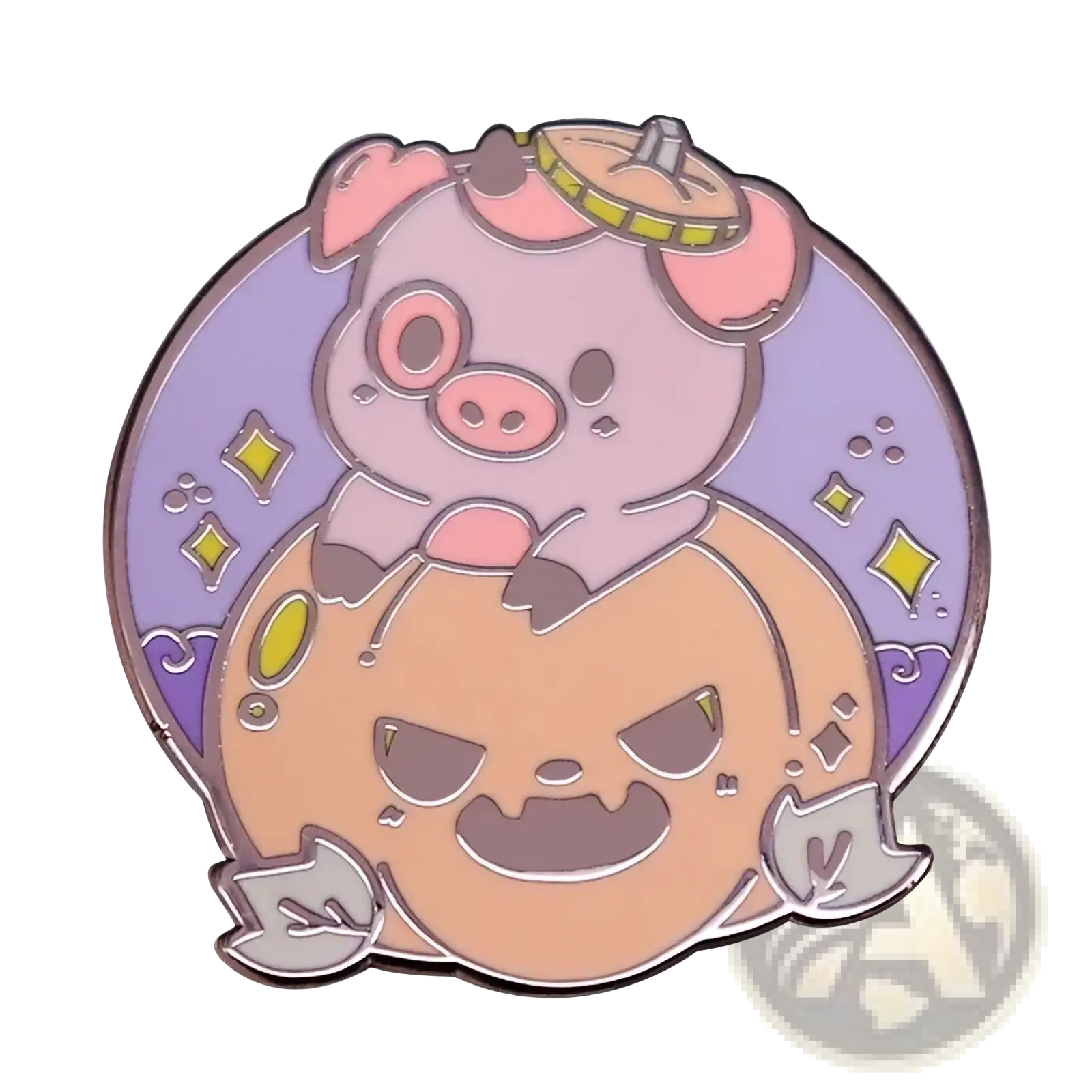 Funny pig groom bride enamel pin featuring a pink pig with a yellow sombrero on an orange pumpkin with a grinning face