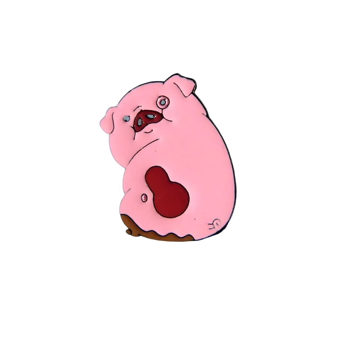 Pink enamel pin of a funny cartoon pig with red eyes and a dark red belly spot for groom and bride gifts