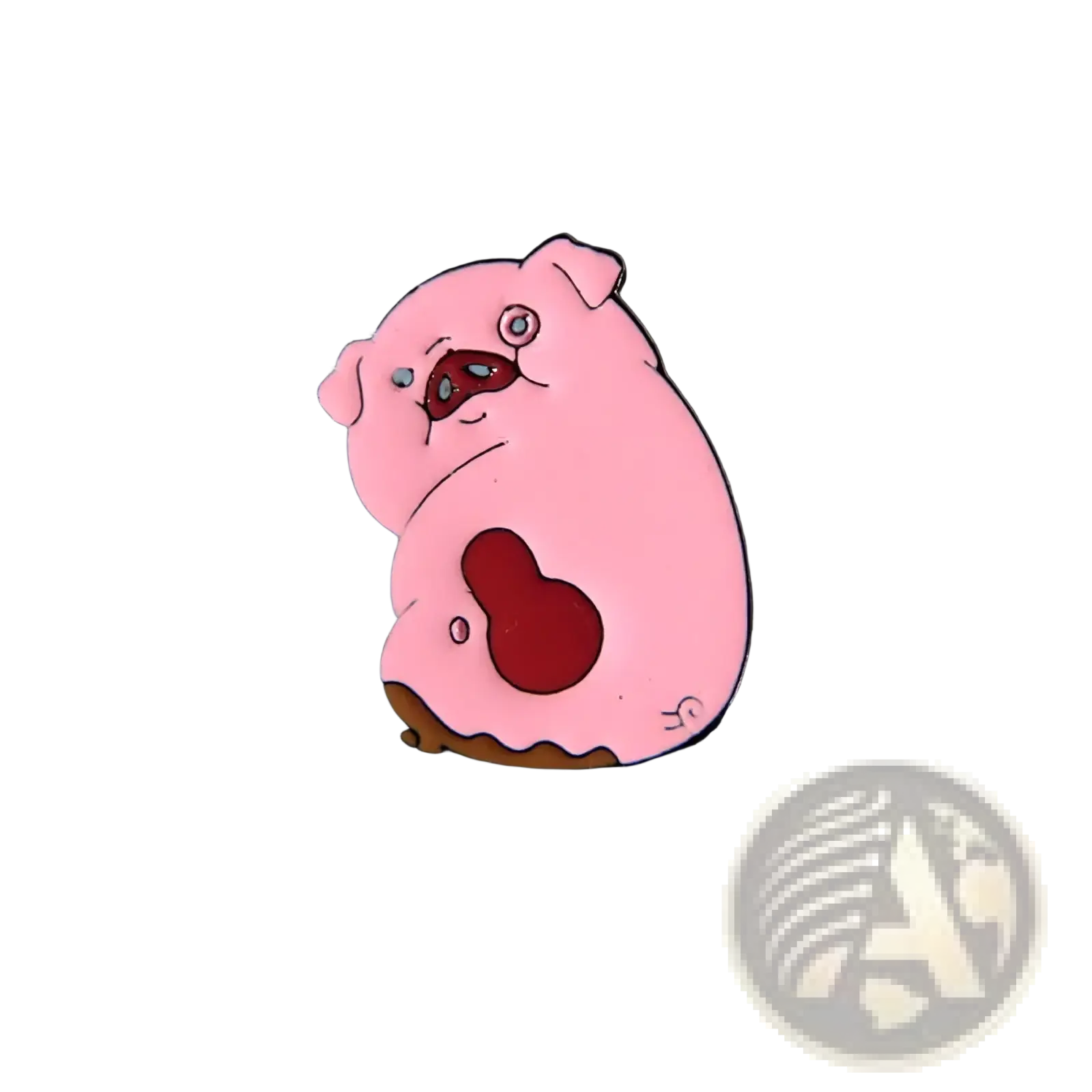 Pink funny pig groom bride enamel pin featuring a cartoon pig with red eyes, blue pupils, and a dark red belly spot