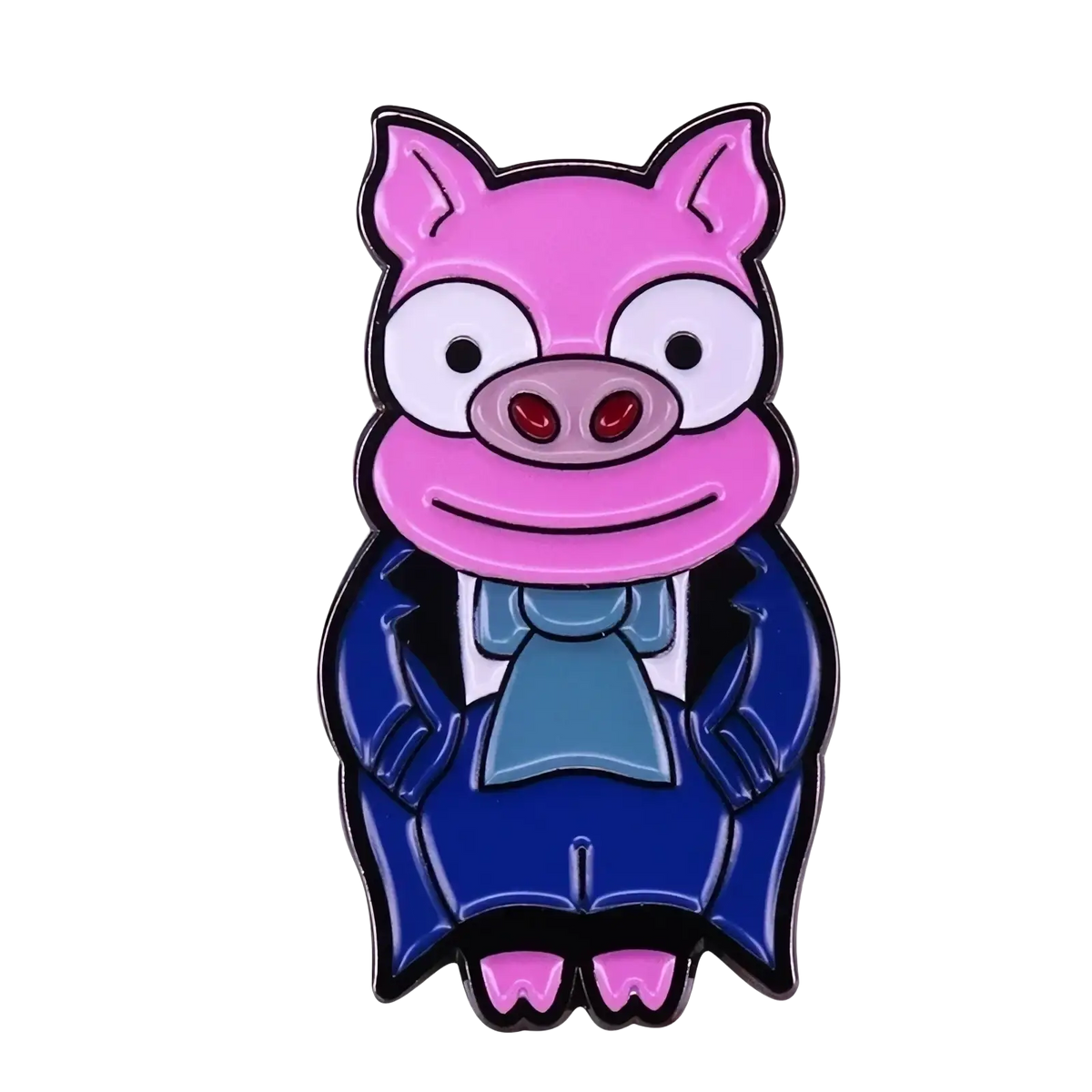 Funny pig groom bride enamel pin featuring a pink cartoon pig dressed in a blue tuxedo with a light blue bow tie