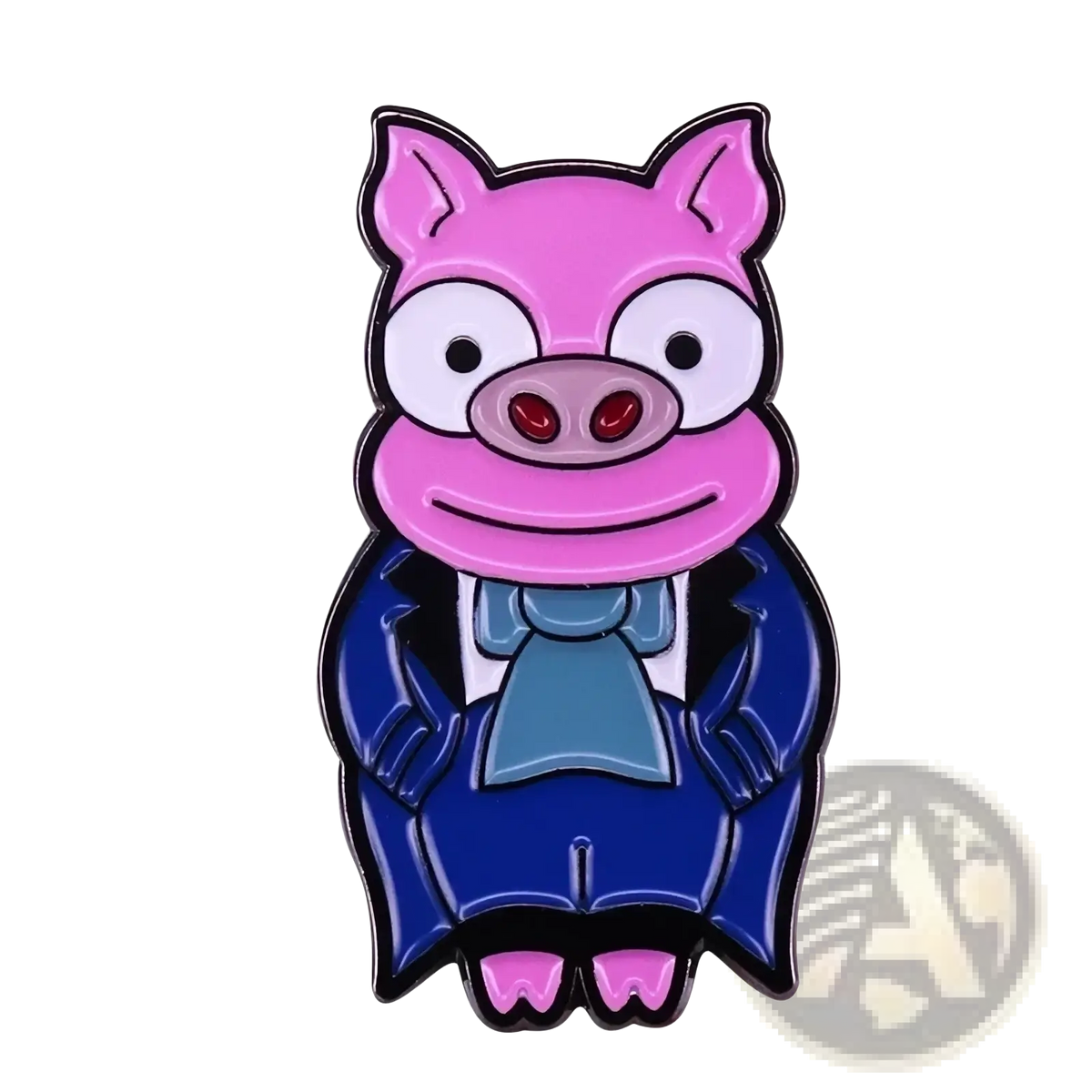 A pink cartoon pig enamel pin dressed in a blue tuxedo with a light blue bow tie for funny groom or bride use