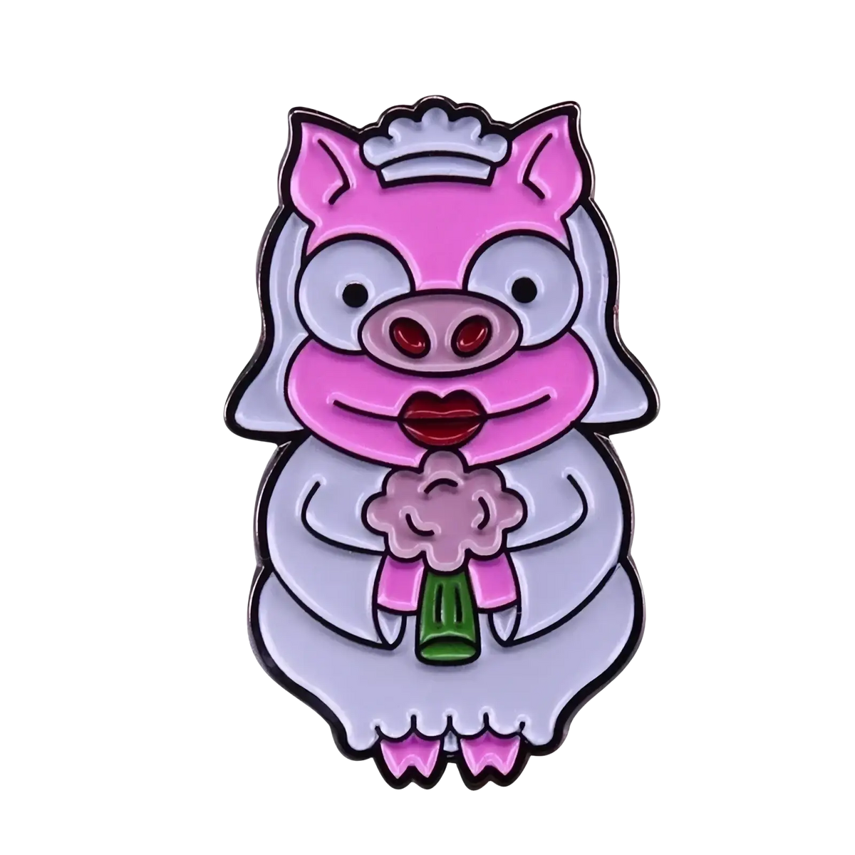Funny pig groom bride enamel pin featuring a pink and gray pig with a white crown holding a bouquet of flowers