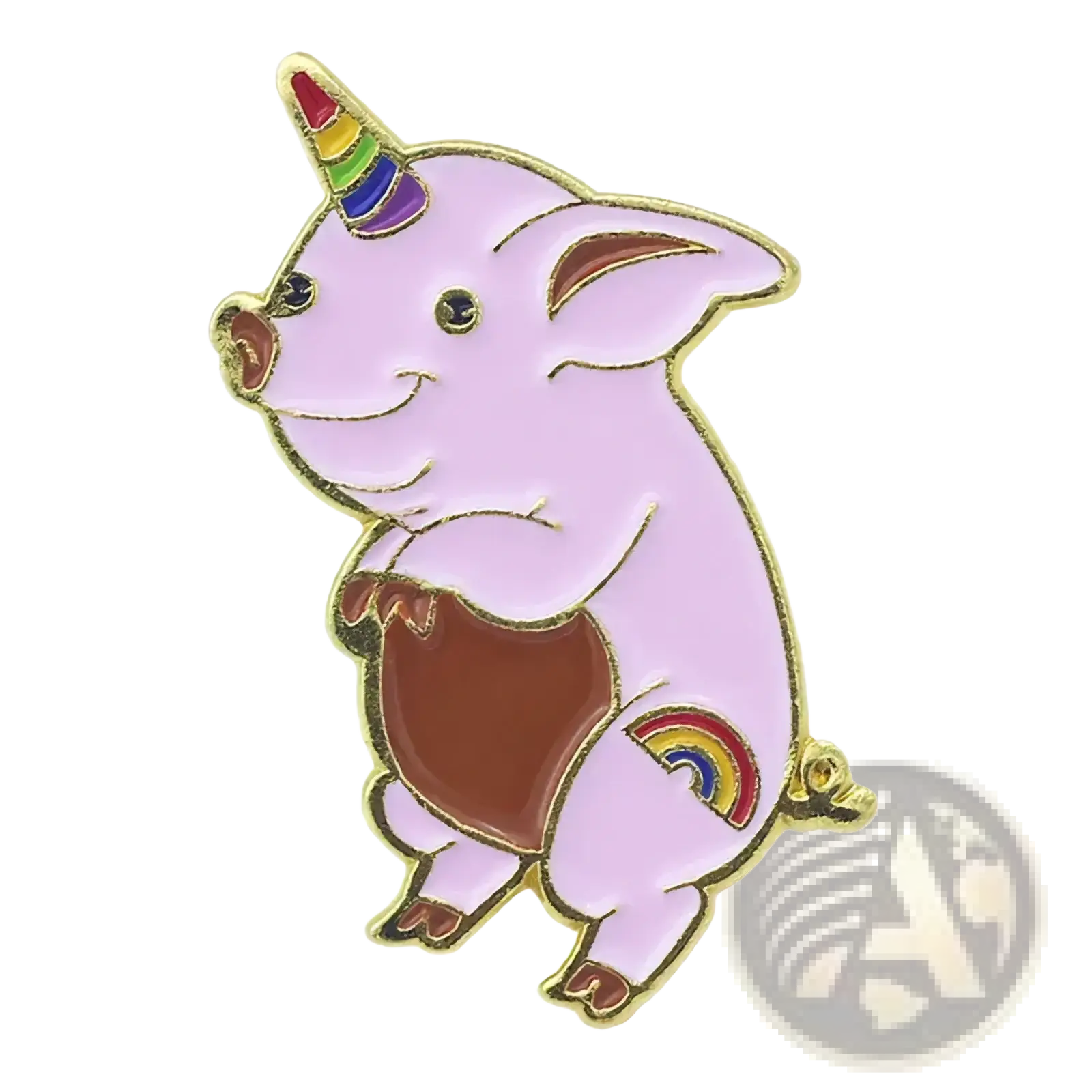 Funny pig groom bride enamel pin featuring a pink unicorn pig with a gold outline and rainbow horn and tail