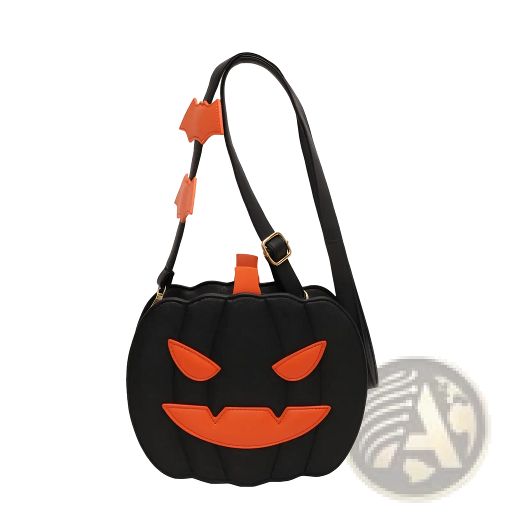 Black pumpkin-shaped crossbody bag with orange stitched face, matching stem, and bat charm detachable strap