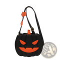 Black pumpkin-shaped crossbody bag with orange stitched face, matching stem, and bat charm detachable strap