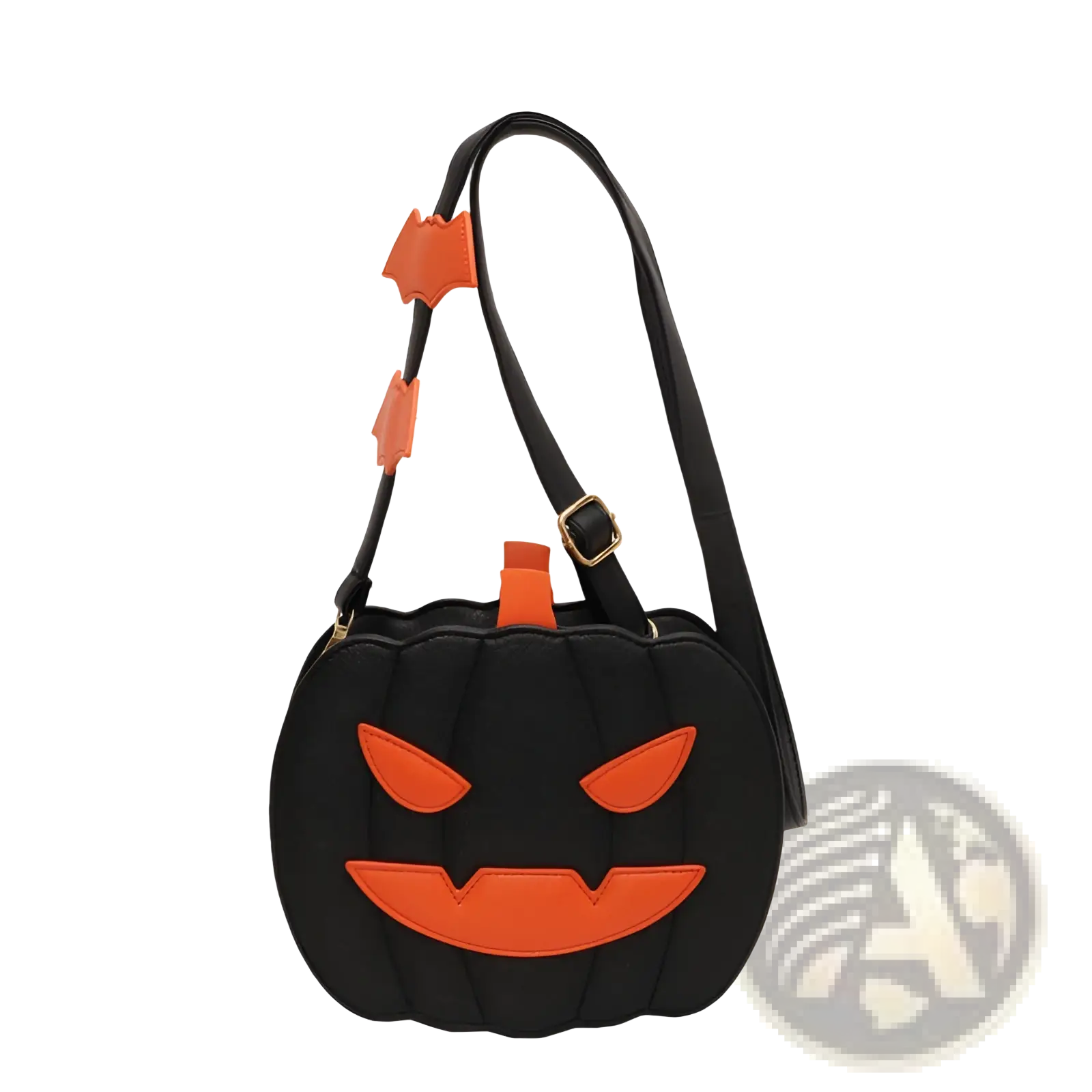Black pumpkin-shaped crossbody bag with orange stitched face, matching stem, and bat charm detachable strap