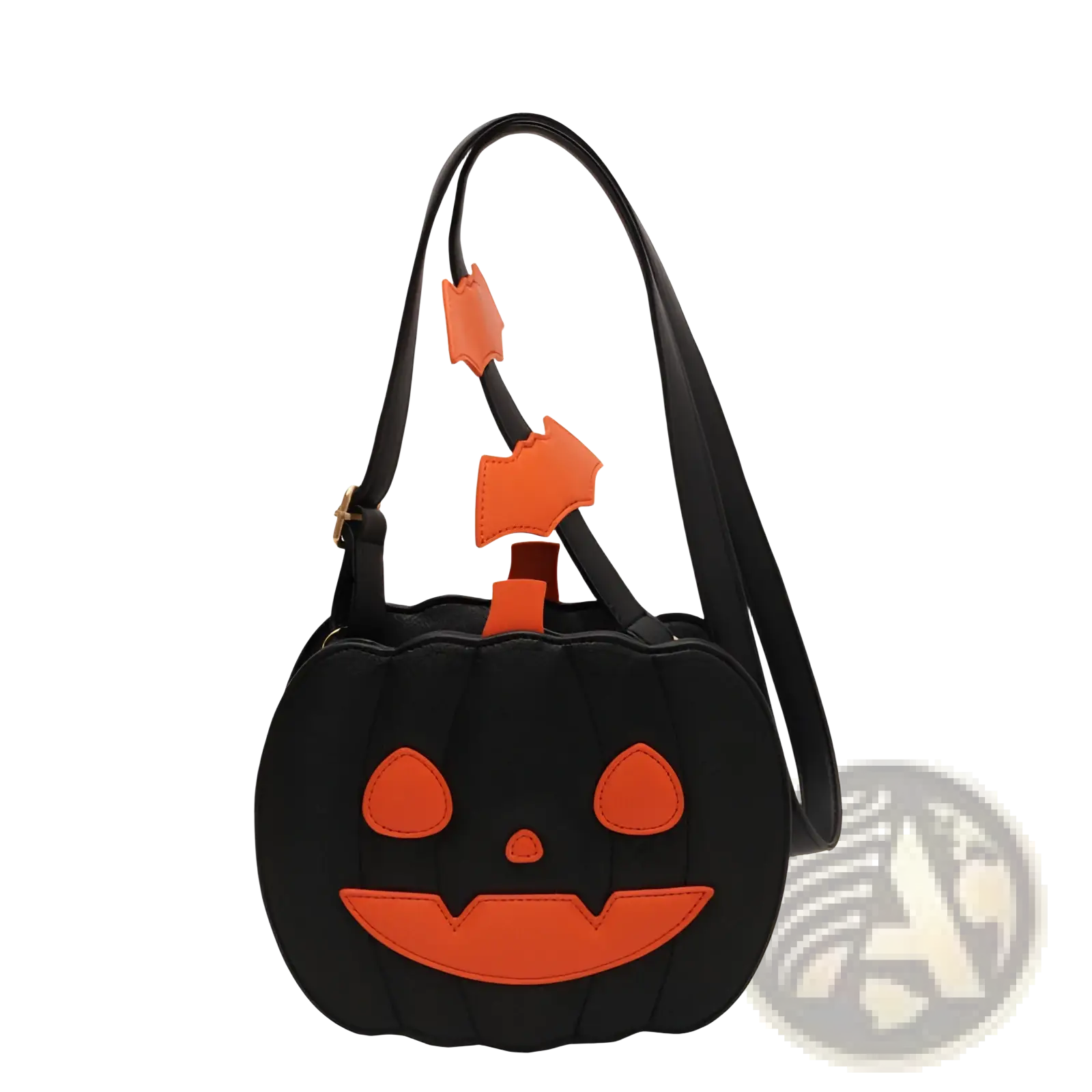 Black pumpkin-shaped crossbody bag with orange stitched face, orange stem, and two small orange bat appliqués on strap