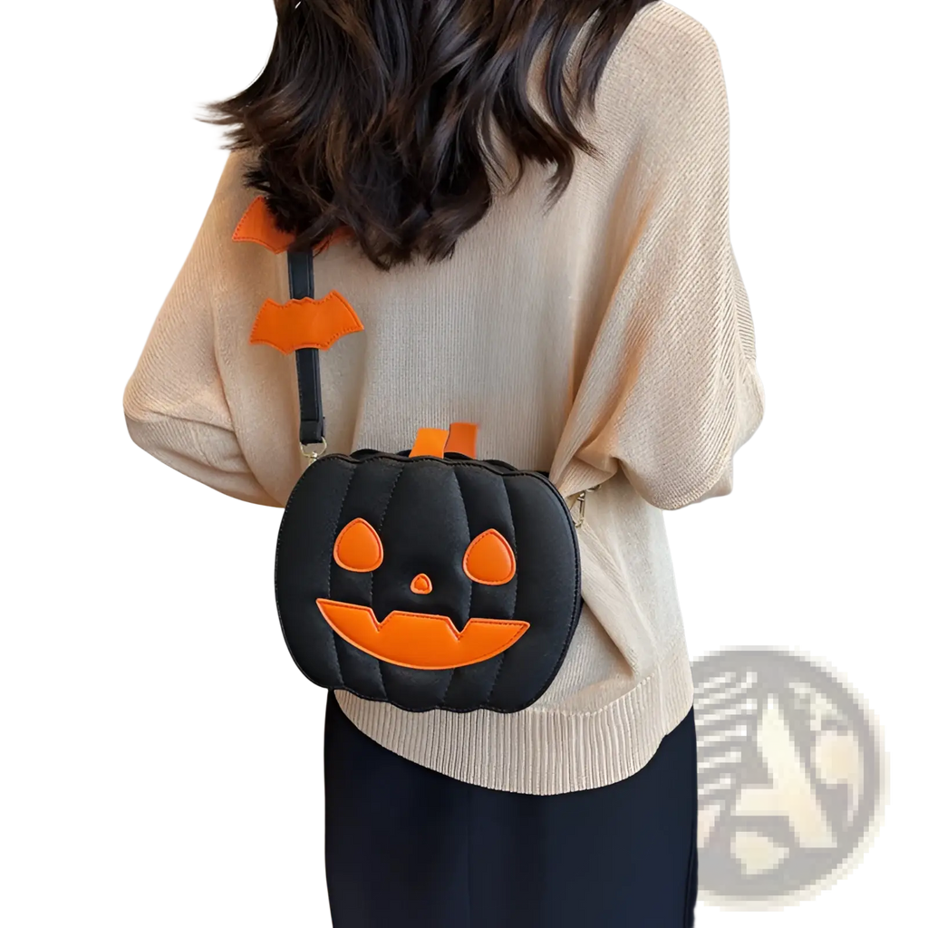 Black and orange quilted pumpkin-shaped crossbody bag with stitched facial features and detachable bat charm