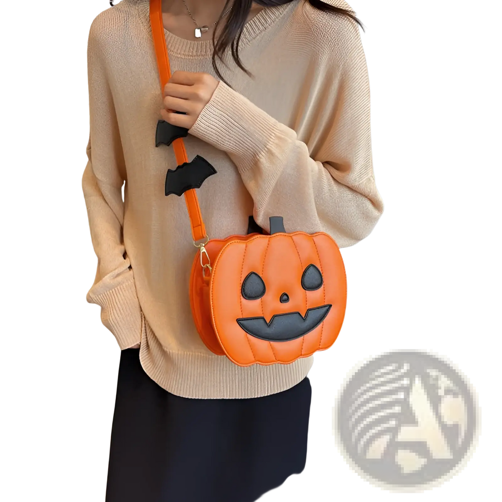 Orange pumpkin-shaped crossbody bag with black bat accents and smiling face design with detachable charm