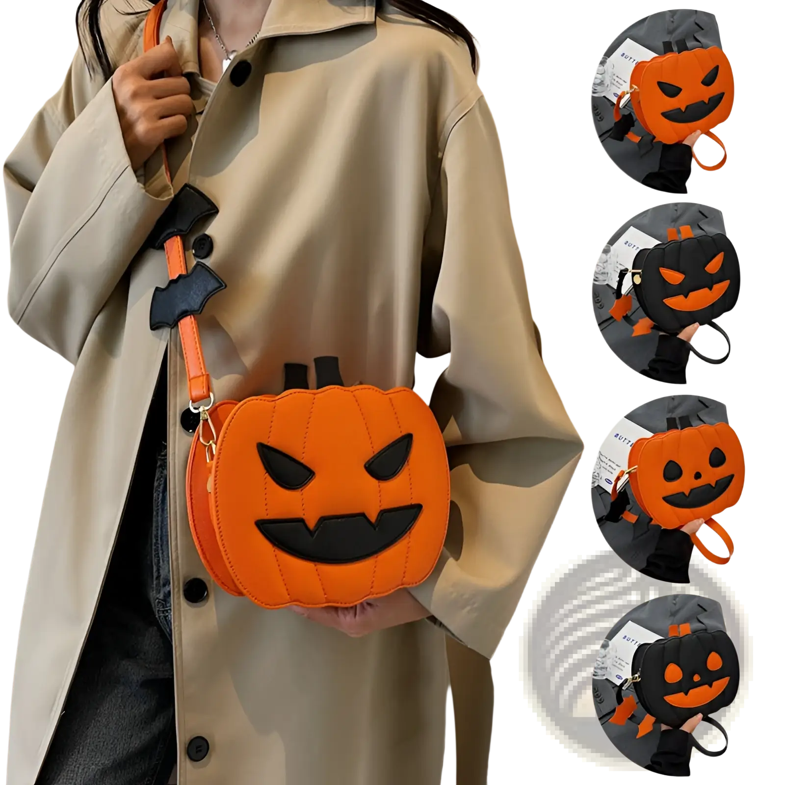 Orange pumpkin-shaped crossbody bag with black stitched face and detachable bat charm for festive use
