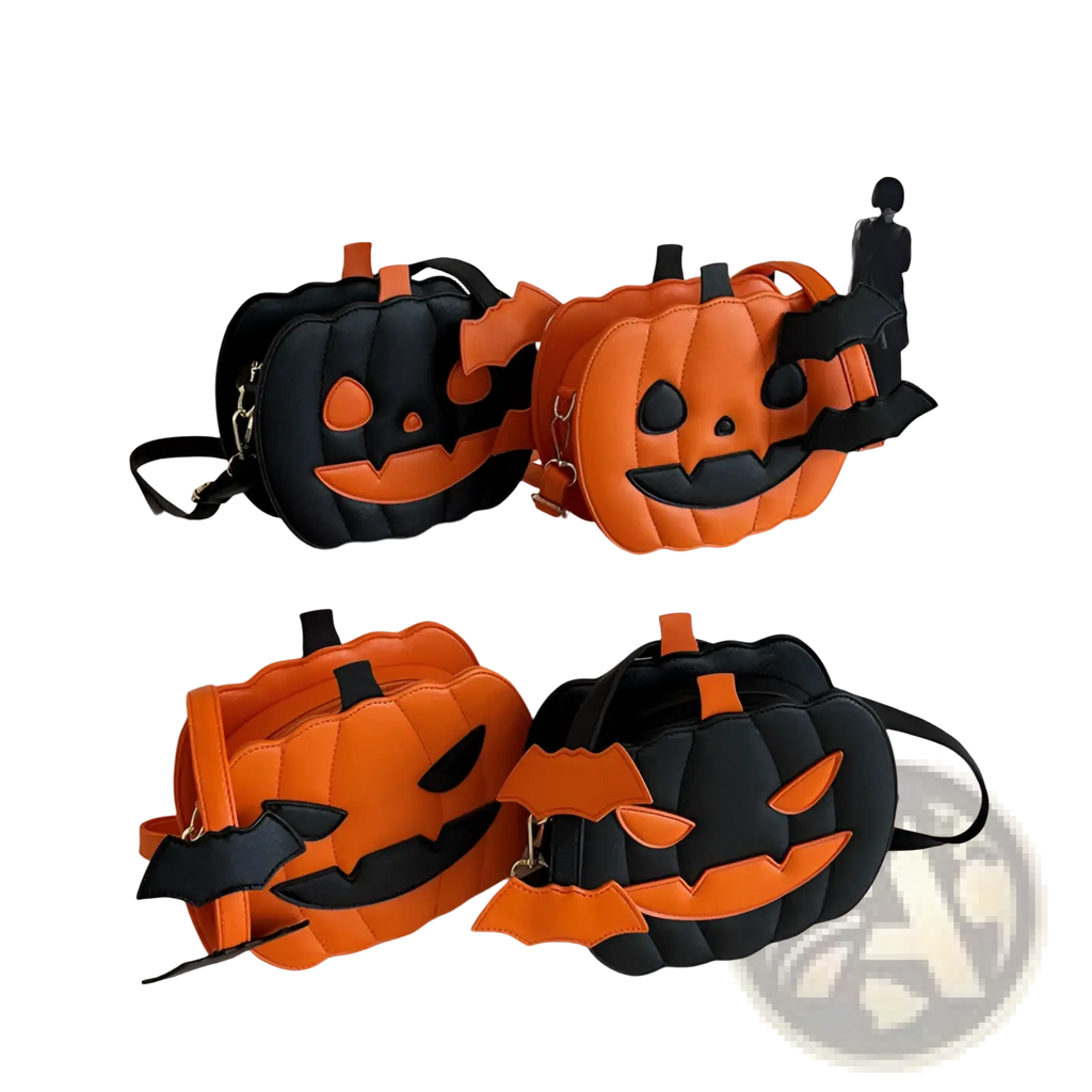 Orange and black quilted pumpkin-shaped crossbody bag with stitched facial features and detachable bat charm