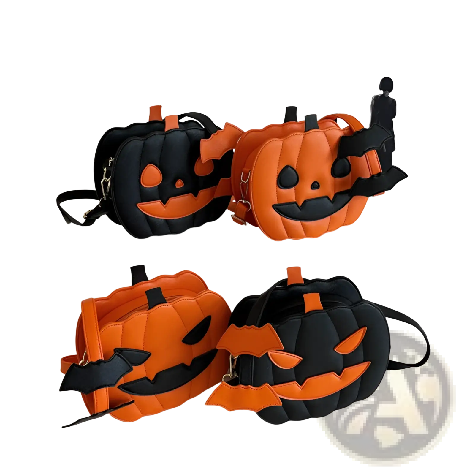 Orange and black quilted pumpkin-shaped crossbody bag with stitched facial features and detachable bat charm