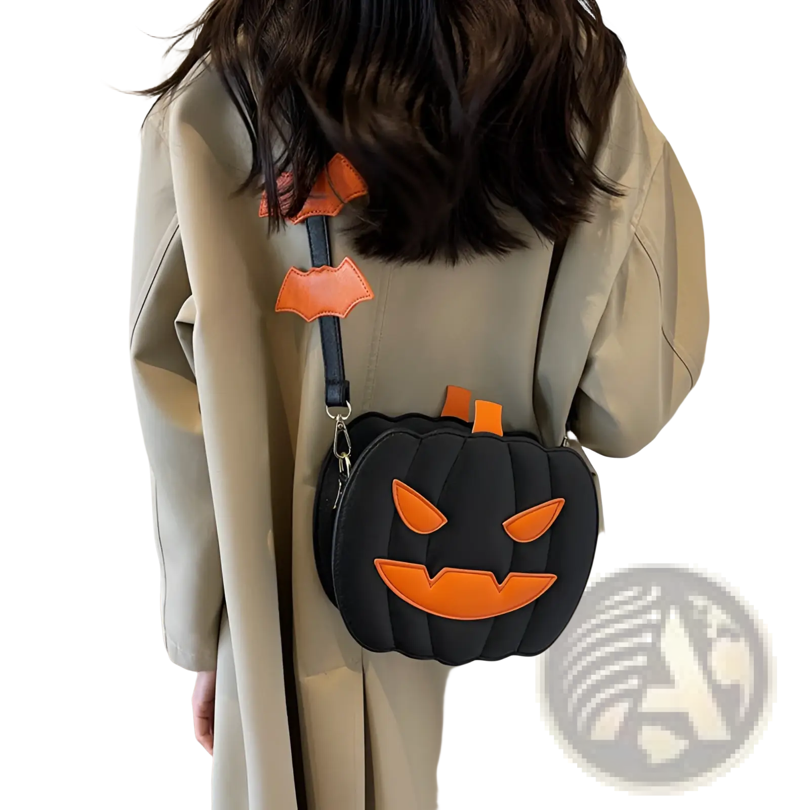 Black pumpkin-shaped crossbody bag with orange stitched face and bat-themed strap accents with detachable charm