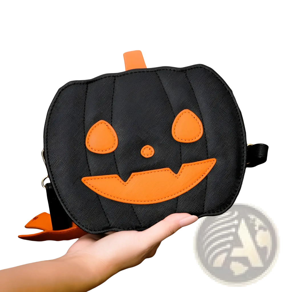 Black pumpkin-shaped crossbody bag with orange stitched face and handle featuring a detachable bat charm