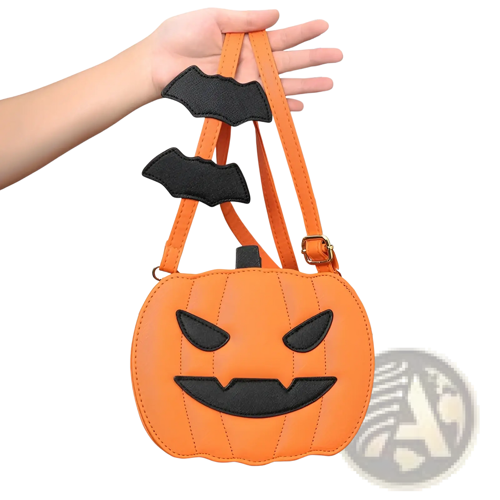 Orange pumpkin-shaped crossbody bag with black bat and facial features featuring a detachable charm accessory