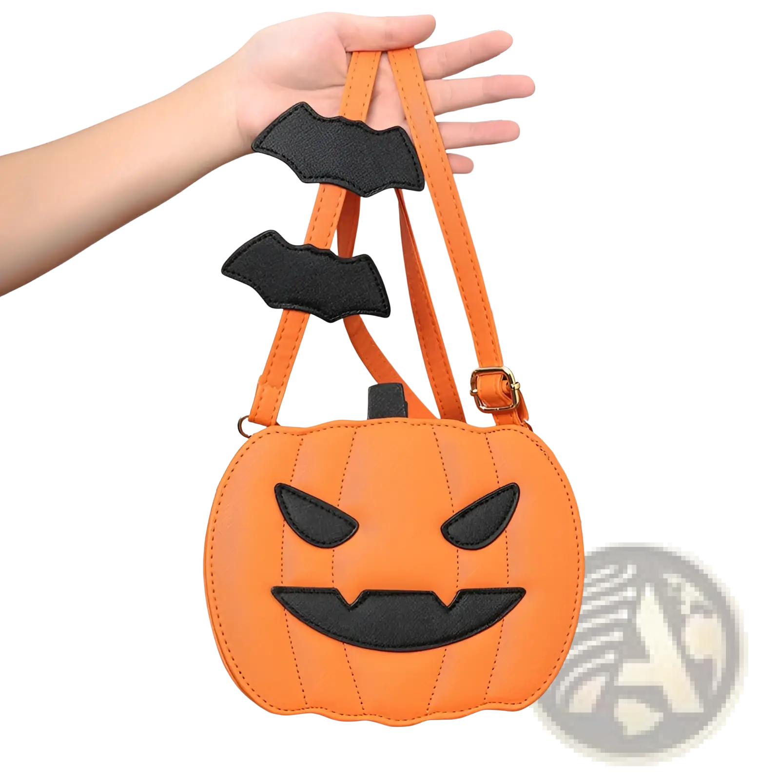 Orange pumpkin-shaped crossbody bag with black bat and facial features featuring a detachable charm accessory