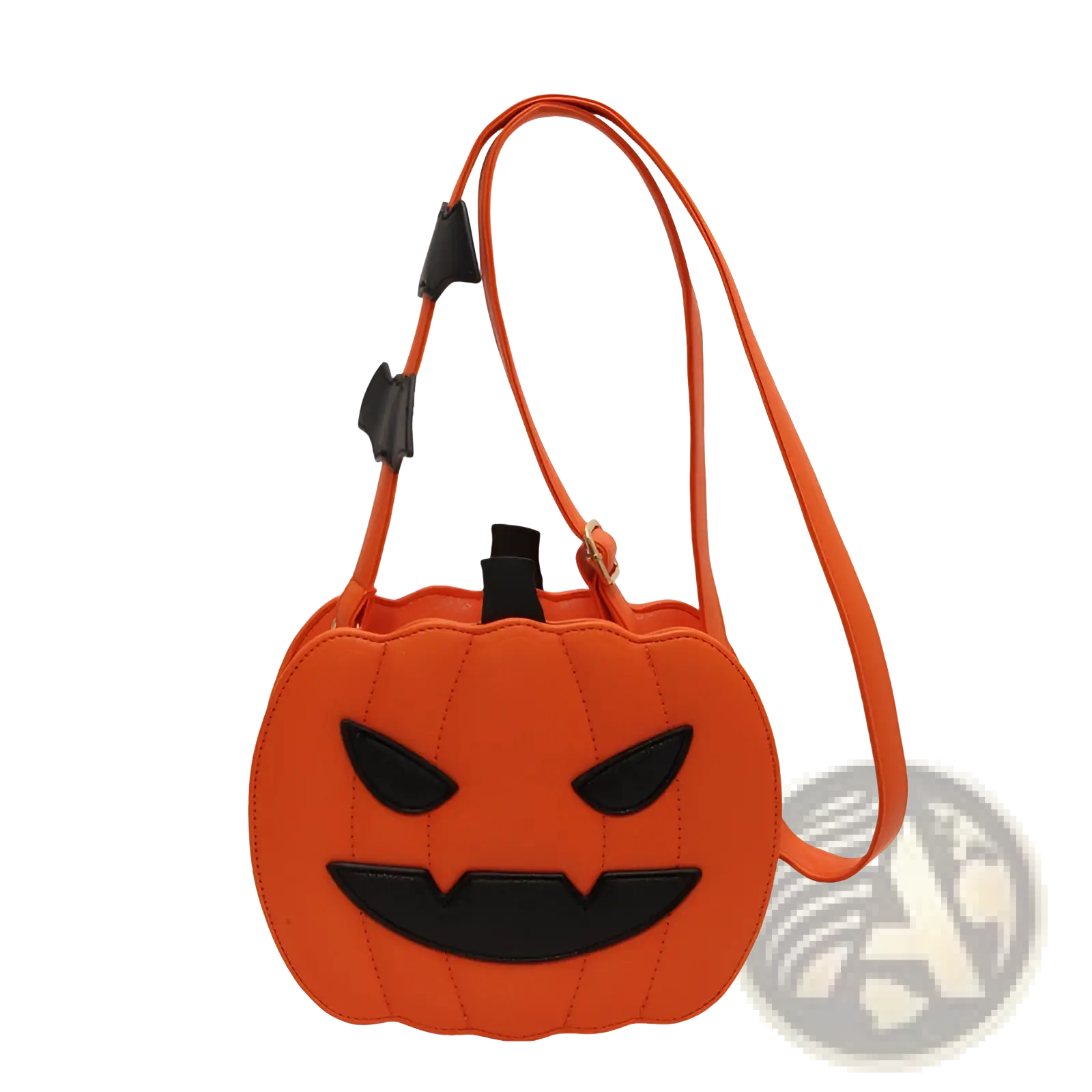 Orange pumpkin-shaped crossbody bag with black stitched face and matching strap featuring detachable bat charm