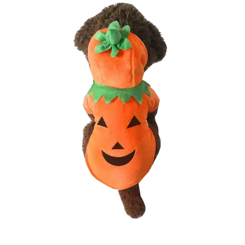 Orange plush pumpkin dog costume with green leafy top and black embroidered face made of shaker fleece pet apparel